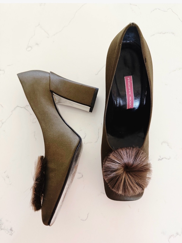 Philippe Model Olive Satin Pumps With Brown Pom-Pom Block Heel